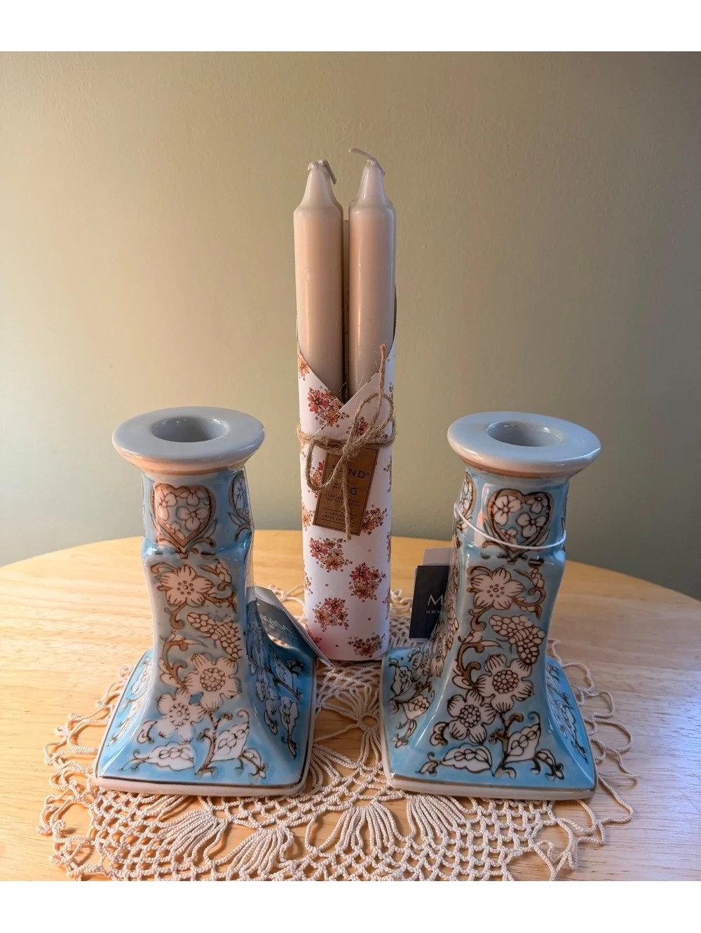 Mikasa Home Accents Blue Floral Ceramic Candle Holders with Tapered Candles